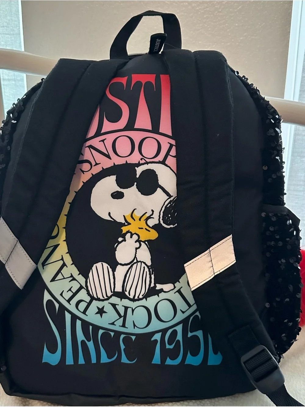 Justice Black Sequin Backpack with White Faux-Fur Pocket & Red Pom